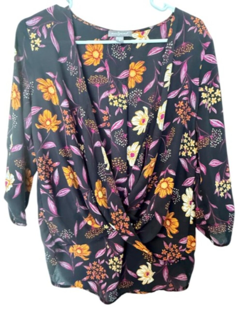 Peace & Pearls Fall Print Floral Print Faux Wrap Blouse Women Size S Cottagecore